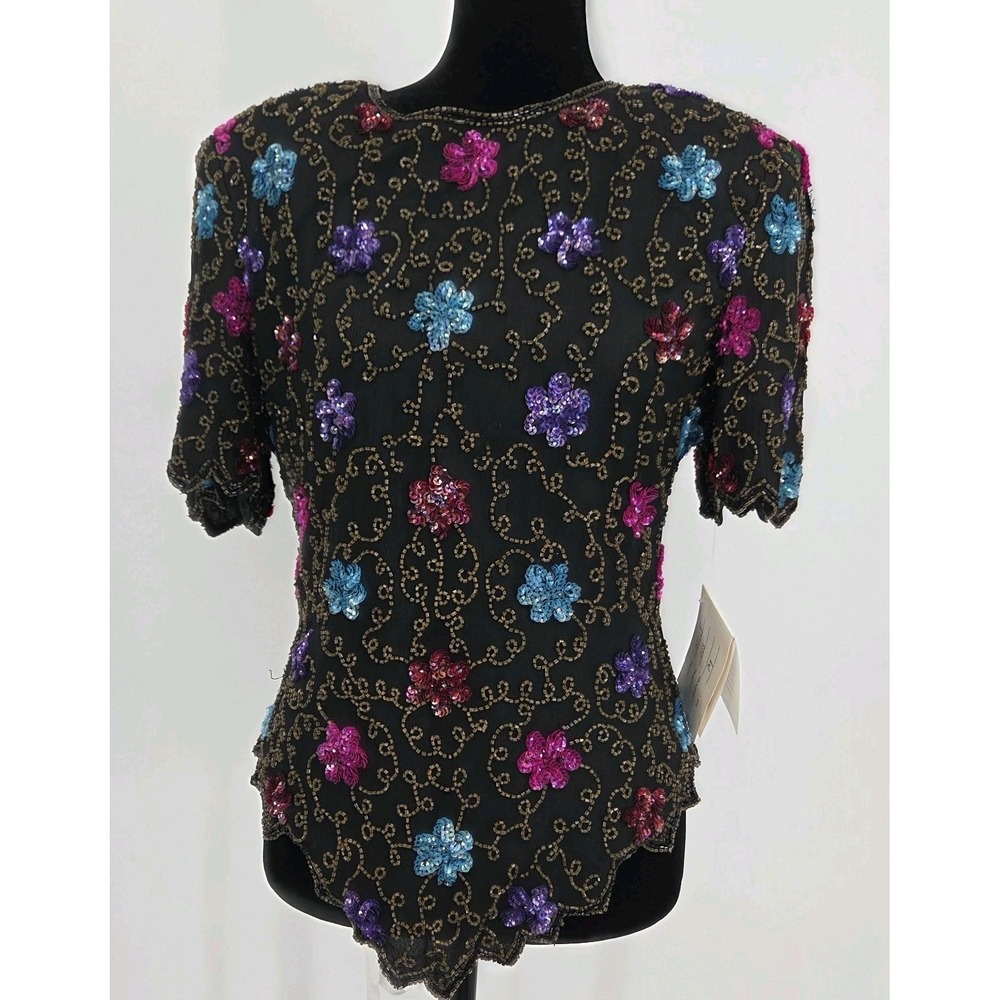 Vtg Laurence Kazan Silk Sequined Top Medium Black Floral Beaded NWT